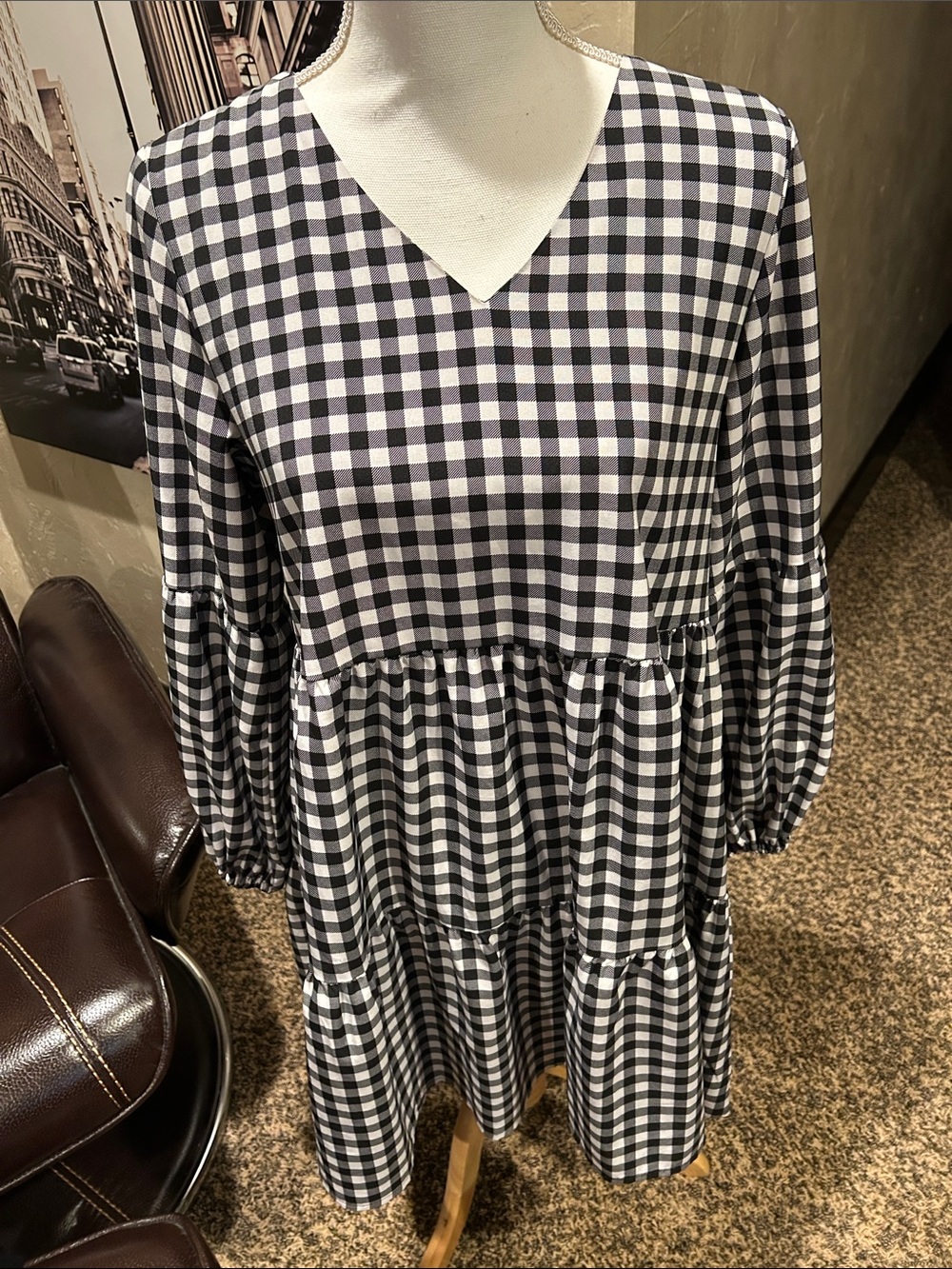 Black and White Gingham Tiered V-Neck Dress. Rayon. Medium